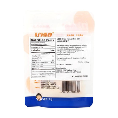 Back-facing image of the U100 Chibi Maruko-chan Dried Mango with Sea Salt 35g bag on a white background, showing the nutrition label and product information.