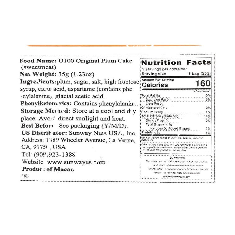 Close-up, straight-on photograph of the nutrition label from the U100 Original Plum Cake packaging, showing the full nutritional panel clearly on a white background.