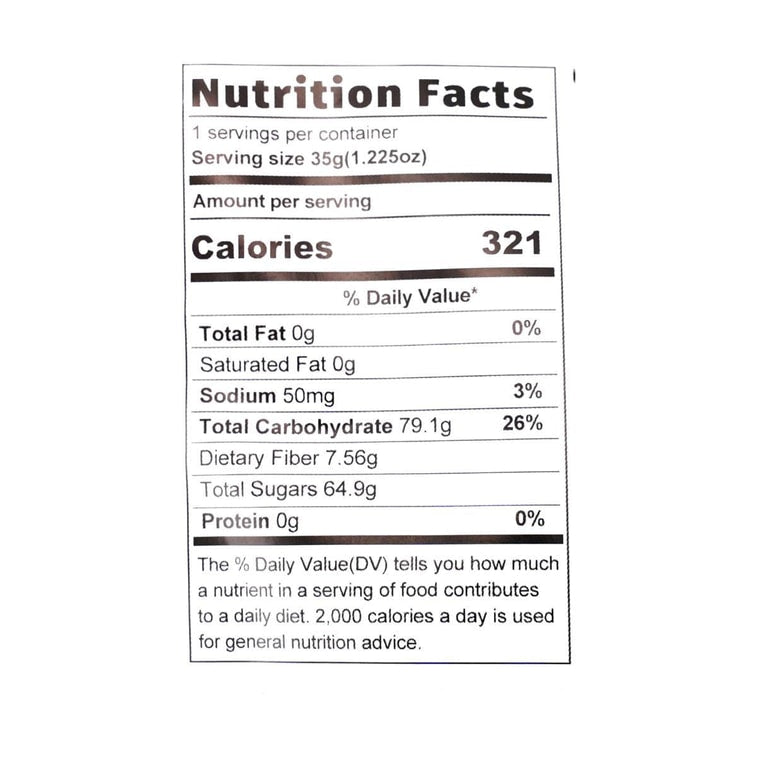 Straight-on close-up photograph of the nutrition label from the U100 Dried Strawberry Sea Salt packaging, showing the full nutritional information clearly on a white background.