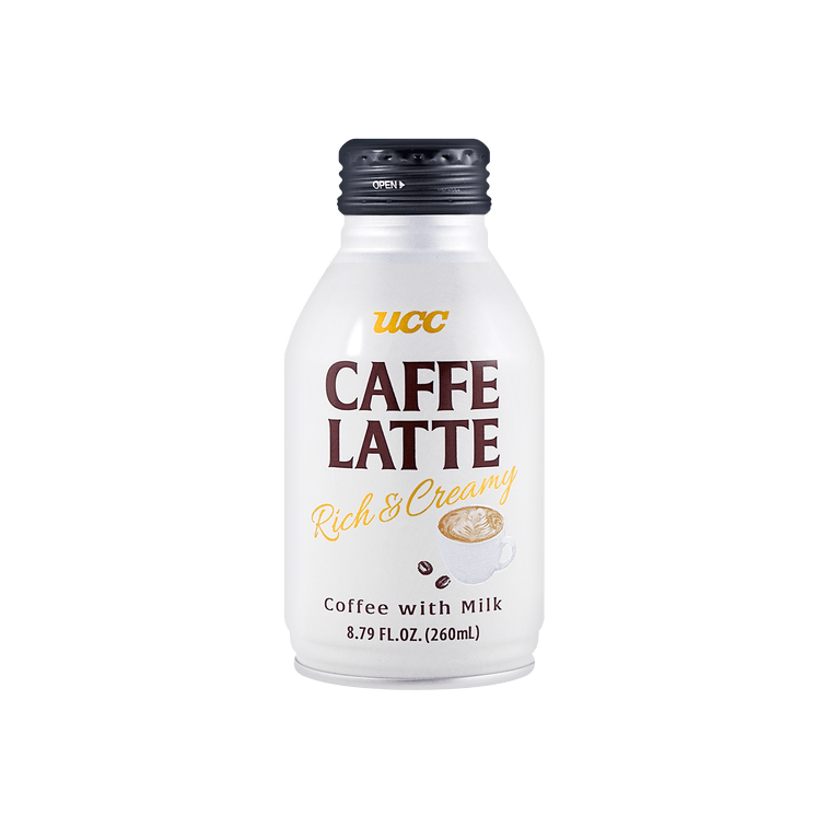 Front-facing portrait image of the UCC Caffe Latte Rich & Creamy bottle, shown upright with the full front label clearly visible against a clean white background.