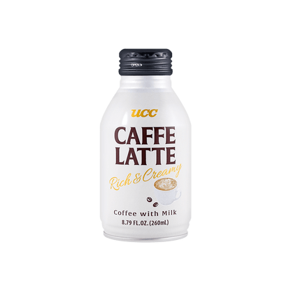 Front-facing portrait image of the UCC Caffe Latte Rich & Creamy bottle, shown upright with the full front label clearly visible against a clean white background.
