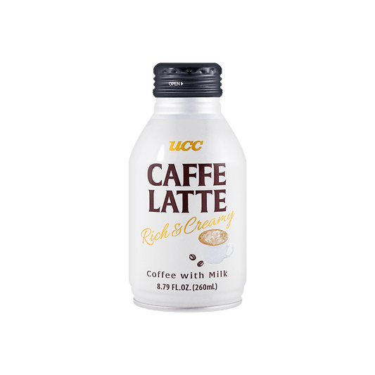 Front-facing portrait image of the UCC Caffe Latte Rich & Creamy bottle, shown upright with the full front label clearly visible against a clean white background.