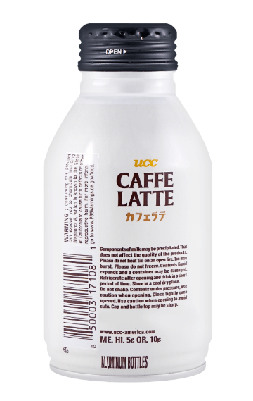 Back-facing portrait view of the UCC Caffe Latte Rich & Creamy bottle, displayed upright with the complete back label shown on a clean white background.