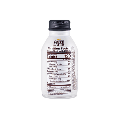 Straight-on close-up of the nutrition label from the UCC Caffe Latte Rich & Creamy bottle, captured clearly against a clean white background for easy readability.