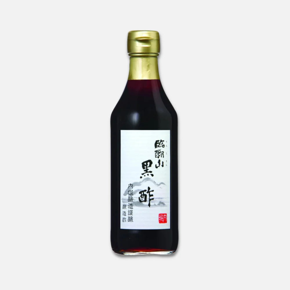 Front-facing image of the UCHIBORI Rinkosan Black Vinegar 360ml bottle, sealed and upright, showing the full label and dark vinegar contents clearly against a white background.