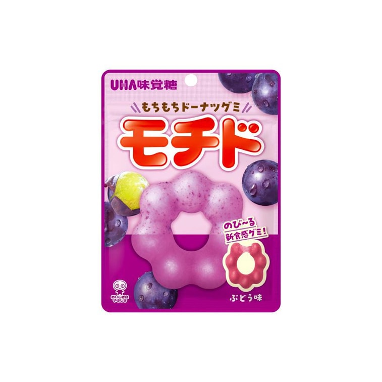 Front-facing portrait image of the UHA Candy Donut Fudge Grape Flavor 40g pouch, lying flat with the entire front graphic visible, no reflections, on a clean white background.