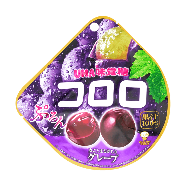 Front-facing portrait image of the UHA Jelly Gummy Candy Kololo Grape 40g pouch, shown closed with full front graphics featuring grape imagery and product branding clearly visible against a clean white background.