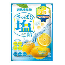 Front view of the UHA Mikakuto Refreshing Salt Candy Salted Lemon 80g bag, shown sealed and upright in portrait orientation against a clean white background.