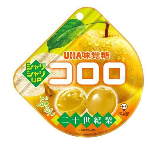 Front-facing portrait image of the closed UHA Mikakuto Twentieth Century Pear Flavor 40g candy bag on a white background.