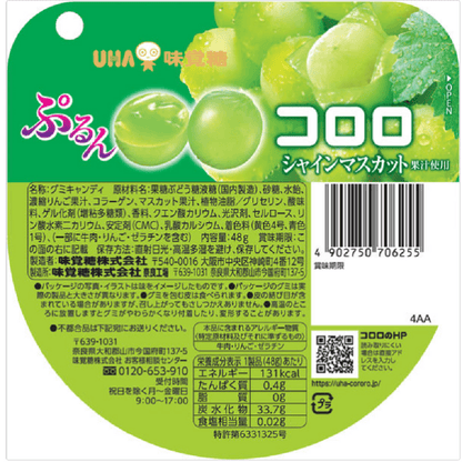 Back-facing portrait image of the UHA Fruit Candy Muscat Flavor 48g pouch, displaying the complete rear label, ingredients, and product details clearly on a white background.