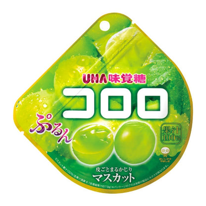 Front-facing portrait image of the UHA Fruit Candy Muscat Flavor 48g pouch, shown closed with full front graphics featuring muscat grape imagery and branding clearly visible against a clean white background.