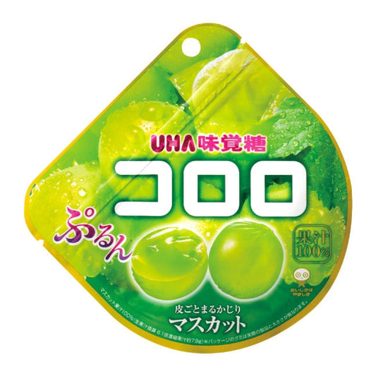 Front-facing portrait image of the UHA Fruit Candy Muscat Flavor 48g pouch, shown closed with full front graphics featuring muscat grape imagery and branding clearly visible against a clean white background.
