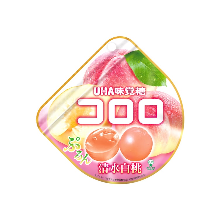 Front-facing portrait image of the UHA Fruit Candy Shimizu White Peach 40g pouch, shown closed with full front graphics featuring white peach imagery and product branding clearly visible against a clean white background.