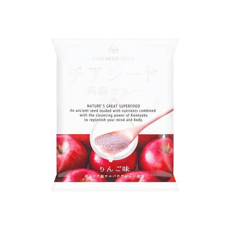 Front-facing portrait image of the closed WAKASHO Apple Chia Seed Konnyaku Jelly 6.1oz pouch, shown flat with full front graphics on a clean white background.