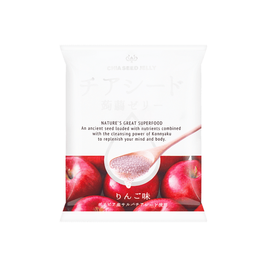 Front-facing portrait image of the closed WAKASHO Apple Chia Seed Konnyaku Jelly 6.1oz pouch, shown flat with full front graphics on a clean white background.