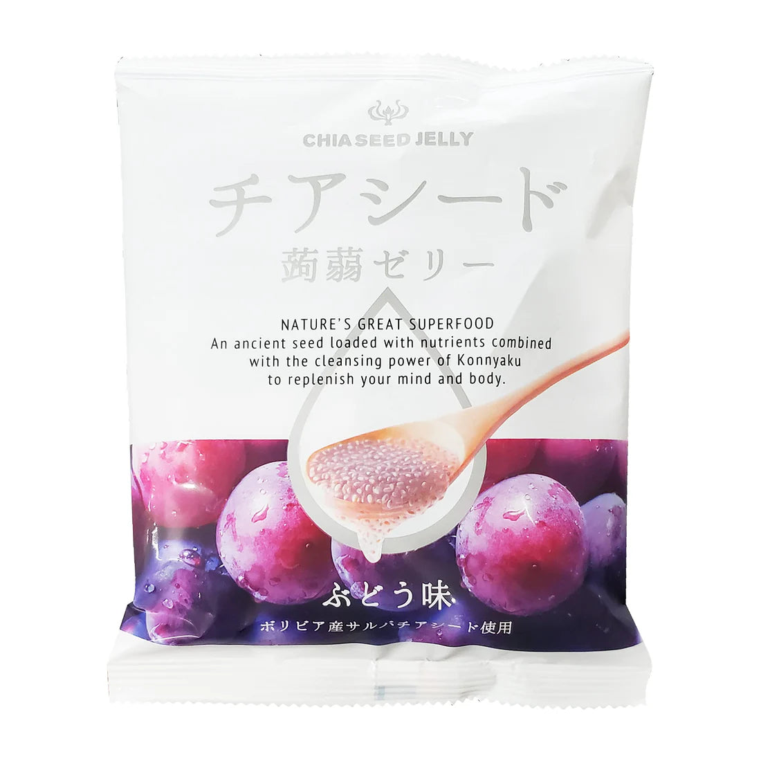 Front-facing portrait image of the closed WAKASHO Chia Seed Jelly Grape Konnyaku 170g pouch, shown flat with full front graphics and a clean white background.