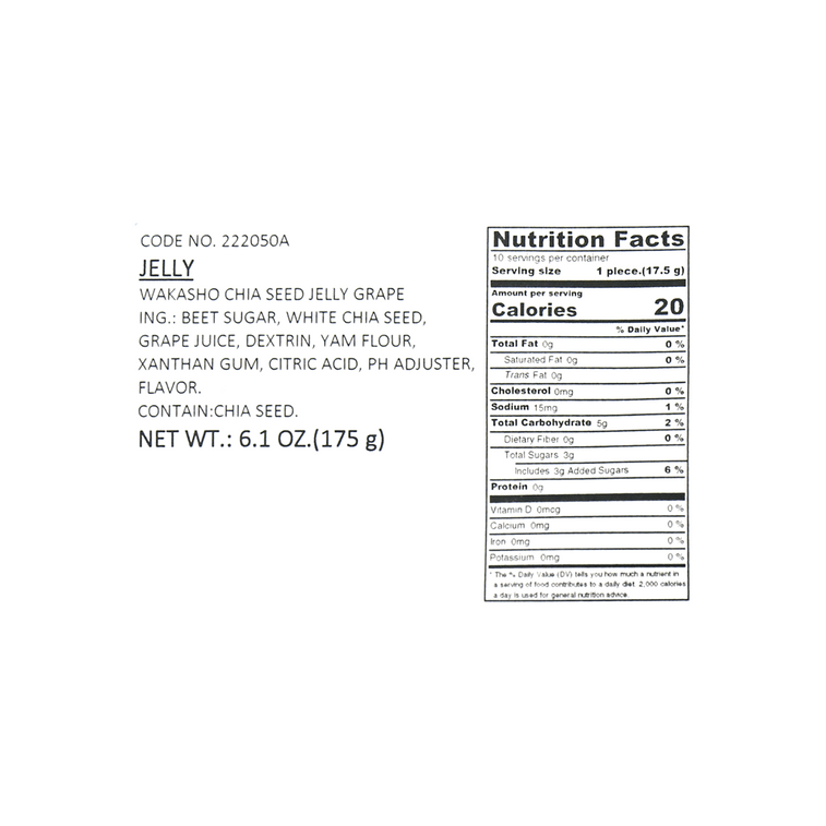 Clear, straight-on close-up of the WAKASHO Chia Seed Jelly Grape Konnyaku 170g nutrition label, isolated against a white background.