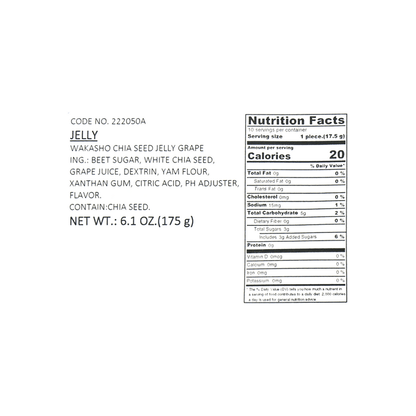 Clear, straight-on close-up of the WAKASHO Chia Seed Jelly Grape Konnyaku 170g nutrition label, isolated against a white background.