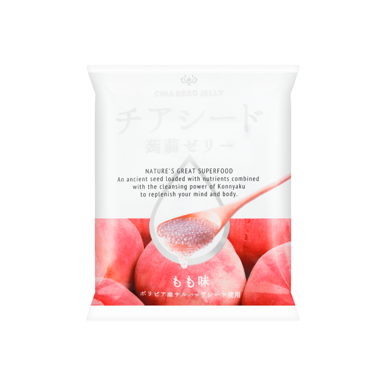Front-facing portrait image of the closed WAKASHO Chia Seed Konnyaku Jelly Peach Flavor 6.1oz pouch, shown flat with full front graphics on a clean white background.