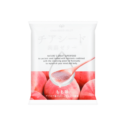 Front-facing portrait image of the closed WAKASHO Chia Seed Konnyaku Jelly Peach Flavor 6.1oz pouch, shown flat with full front graphics on a clean white background.