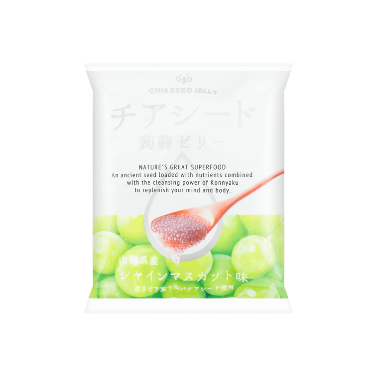 Front-facing portrait image of the closed WAKASHO Chia Seed Konnyaku Jelly Shine Muscat Flavor 5.8oz pouch, shown flat with full front graphics on a clean white background.