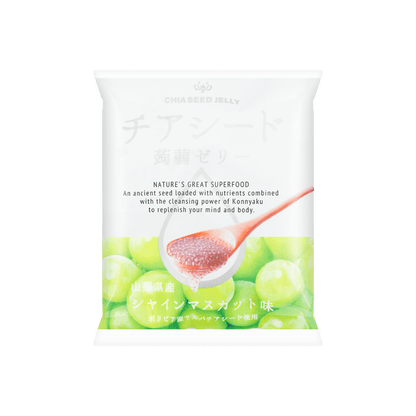 Front-facing portrait image of the closed WAKASHO Chia Seed Konnyaku Jelly Shine Muscat Flavor 5.8oz pouch, shown flat with full front graphics on a clean white background.