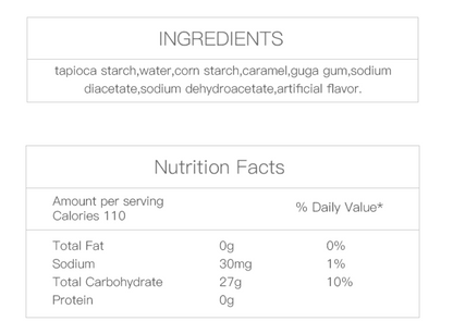 Close-up photo of the nutrition label from the Wufuyuan Black Sugar Flavor Boba Tapioca Pearls package, clearly captured against a clean white background.
