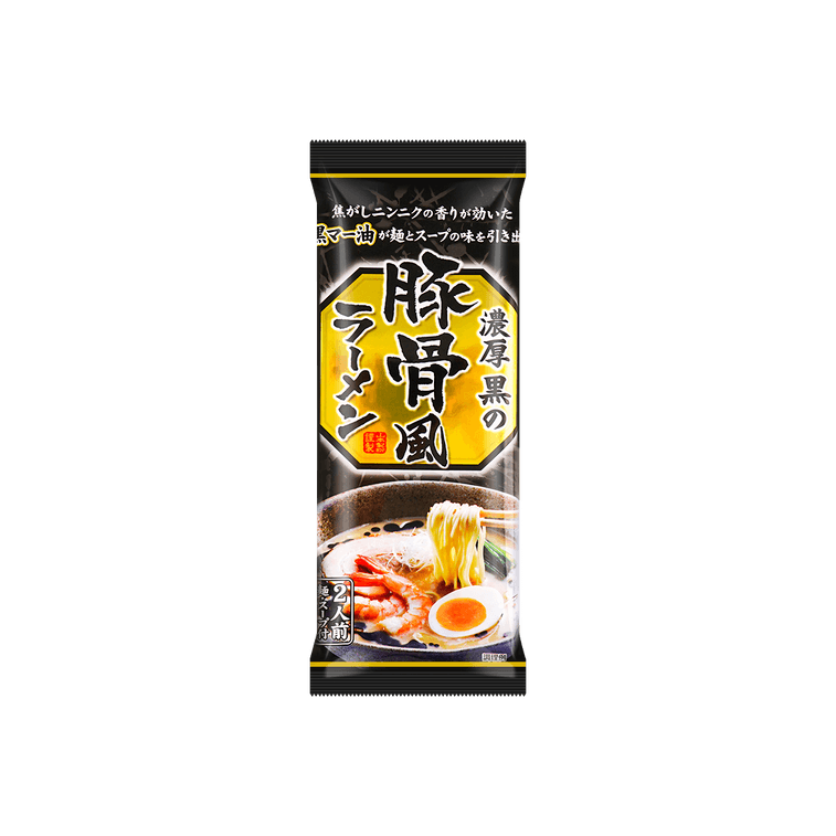 Front-facing view of YAMAMOTO SEIFUN Black Garlic Oil Tonkotsu Pork Bone Ramen 240g box, closed, in portrait orientation on a white background.
