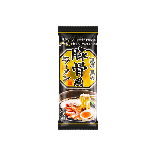 Front-facing view of YAMAMOTO SEIFUN Black Garlic Oil Tonkotsu Pork Bone Ramen 240g box, closed, in portrait orientation on a white background.