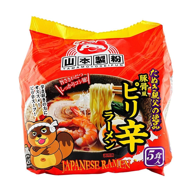 Front-facing view of the YAMAMOTOSEIFUN Spicy Tonkotsu-fu Ramen 15.87 oz (5-Pack) bag, shown upright with full ramen-themed graphics on a clean white background.