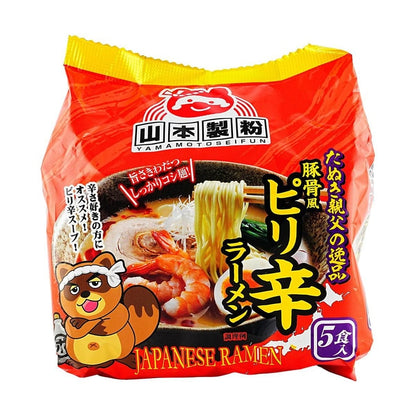 Front-facing view of the YAMAMOTOSEIFUN Spicy Tonkotsu-fu Ramen 15.87 oz (5-Pack) bag, shown upright with full ramen-themed graphics on a clean white background.