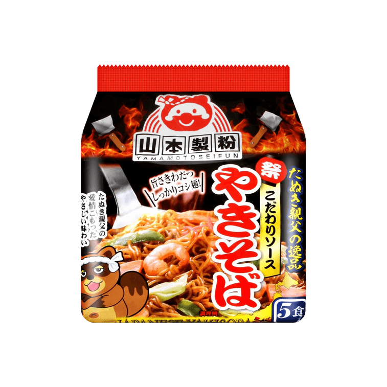 Front-facing view of the YAMAMOTOSEIFUN Tanuki Oyaji Yakisoba 15.52 oz (5-pack) bag, shown upright with full yakisoba-themed graphics on a clean white background.