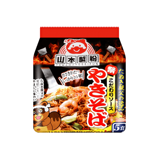 Front-facing view of the YAMAMOTOSEIFUN Tanuki Oyaji Yakisoba 15.52 oz (5-pack) bag, shown upright with full yakisoba-themed graphics on a clean white background.