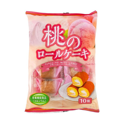 Front-facing image of YAMAUCHISEIKA Peach Roll Cake bag, fully sealed, portrait orientation, complete front design and graphics visible on a white background.