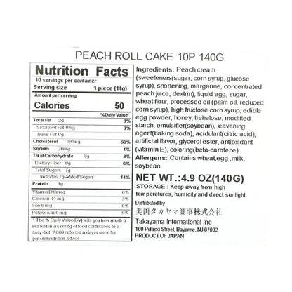 Close-up image of the YAMAUCHISEIKA Peach Roll Cake nutrition label, clear and straight-on, displayed against a white background.