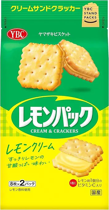 Front-facing portrait image of the YBC Lemon Pack Cracker Biscuit bag, fully sealed, showing the lemon-themed packaging clearly against a clean white background.