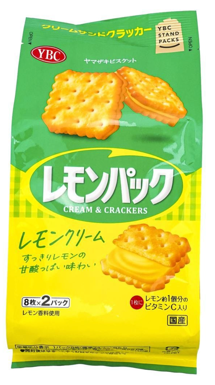 Front-facing view of the unopened YBC Lemonpack Lemon Cream Crackers bag, shown standing upright on a white background with clear lemon-themed packaging.