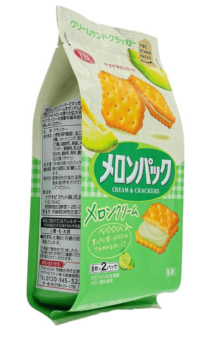 Side view of the YBC Melon Pack Melon Cream Sandwich Crackers bag, closed and displayed vertically on a white background.