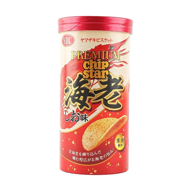 Front-facing image of the YBC Premium Chip Star Shrimp Salt Flavor can in portrait orientation, fully closed with shrimp and sea salt graphics displayed clearly on a white background.