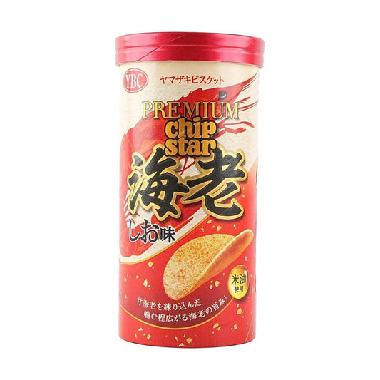 Front-facing image of the YBC Premium Chip Star Shrimp Salt Flavor can in portrait orientation, fully closed with shrimp and sea salt graphics displayed clearly on a white background.