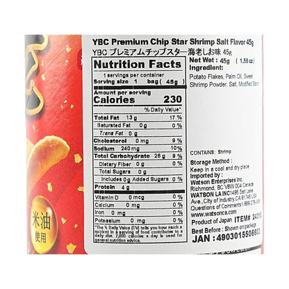Straight-on close-up of the nutrition label from the YBC Premium Chip Star Shrimp Salt Flavor can, clearly shown on a white background.
