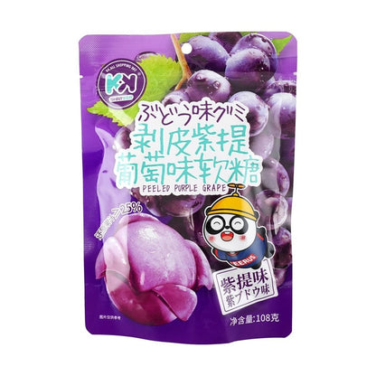 Front view of YO MAN Peeled Jelly Gummy Candy Purple Grape Flavor 3.81 oz pouch, shown closed with full graphics and branding on a white background.