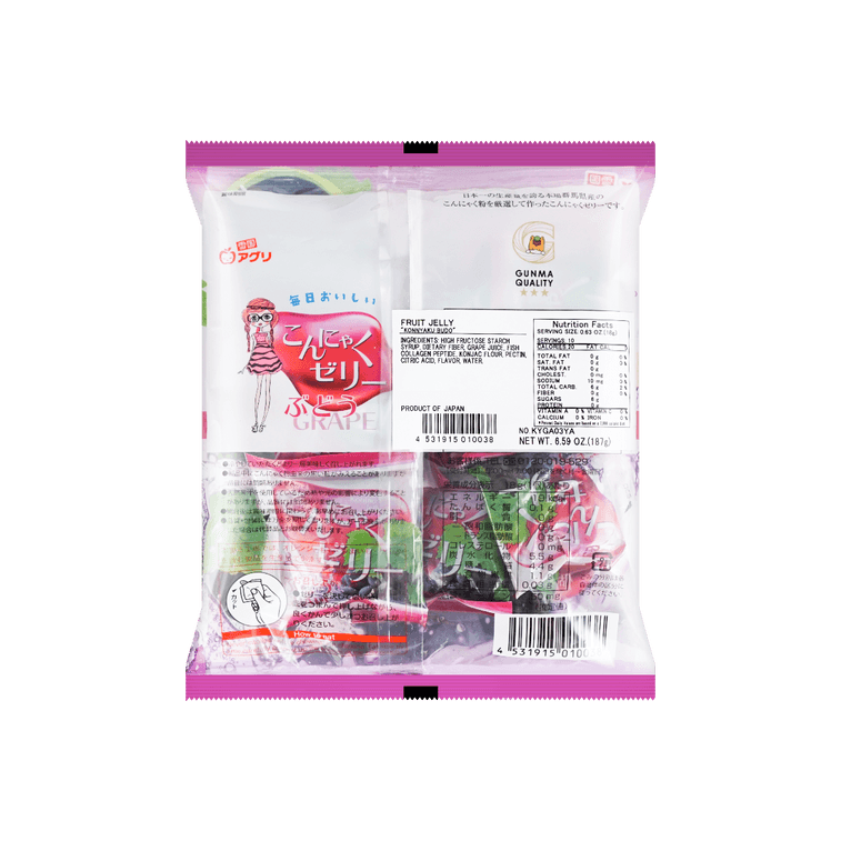 Back-facing portrait photo of the YUKIGUNI AGURI Fruit Jelly Grape Flavor 187g pouch, featuring tall text, product information, and packaging details against a white background.