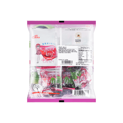 Back-facing portrait photo of the YUKIGUNI AGURI Fruit Jelly Grape Flavor 187g pouch, featuring tall text, product information, and packaging details against a white background.