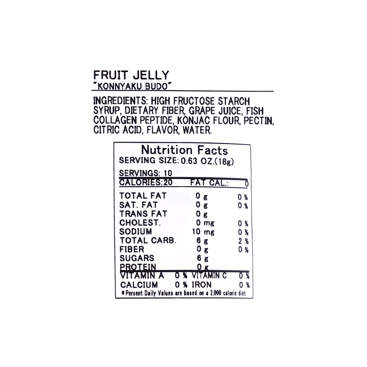 Close-up image of the nutrition label from the YUKIGUNI AGURI Fruit Jelly Grape Flavor 187g pouch, showing all nutritional facts and ingredient details clearly.