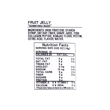 Close-up image of the nutrition label from the YUKIGUNI AGURI Fruit Jelly Grape Flavor 187g pouch, showing all nutritional facts and ingredient details clearly.