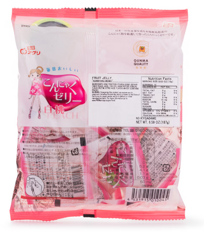Back-facing view of YUKIGUNI AGURI Konjac Jelly Peach, 6-pack 96g, bag closed, portrait orientation on a white background.
