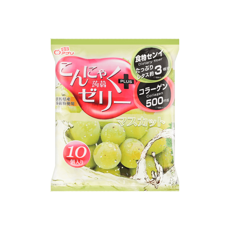 Front-facing square image of YUKIGUNI AGURI Konnyaku Muscat 370g bag, shown flat with full front graphics, no reflections, on a white background.