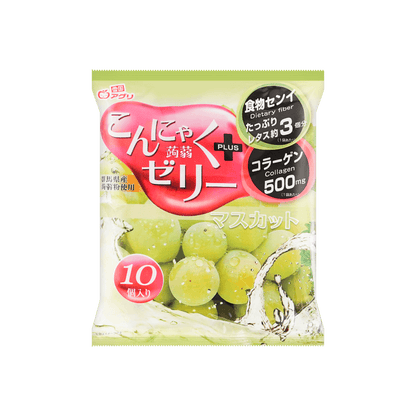 Front-facing square image of YUKIGUNI AGURI Konnyaku Muscat 370g bag, shown flat with full front graphics, no reflections, on a white background.