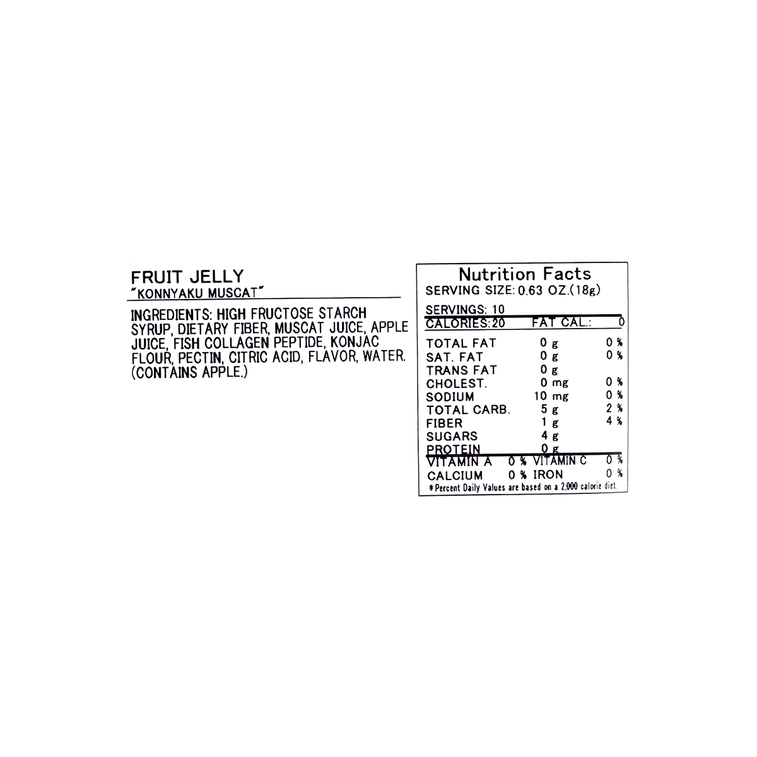 Clear close-up, straight-on image of the nutrition label from YUKIGUNI AGURI Konnyaku Muscat 370g, isolated on a white background.